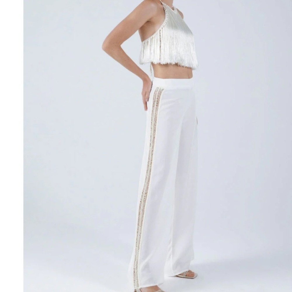 My Beachy Side Begonia Wide Leg Pants White Beaded Trim Resort Size S NEW Brodal